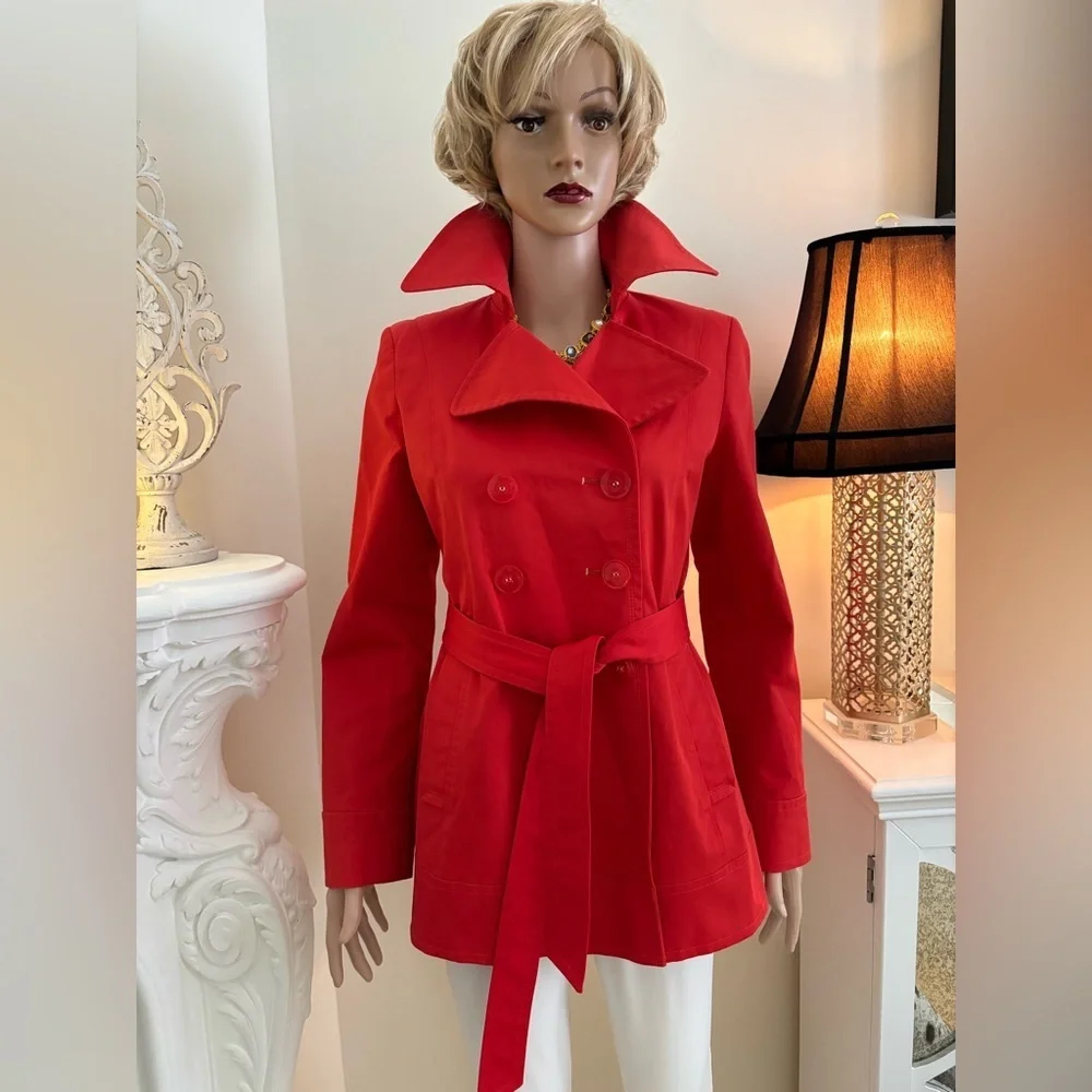 DKNY Red Funnel Neck Belted Trench Coat Pea Coat - Picture 5 of 16